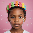 Child with gummy bear crown and playful face paint