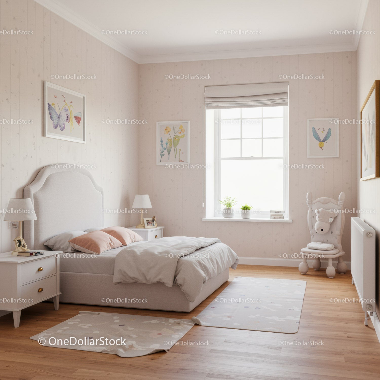 Elegant Bedroom with Soft Bedding and Floral Wall Art