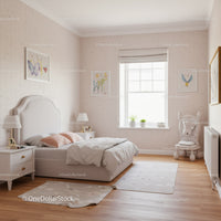 Elegant Bedroom with Soft Bedding and Floral Wall Art
