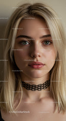 Close-up Portrait of a Young Woman with Blonde Hair and Blue Eyes