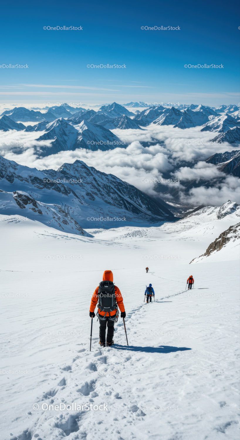 Snow-Covered Mountain Range with Climbers Trekking in Icy Wilderness