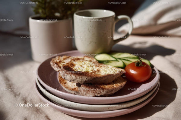 Fresh Cheese Toast with Cucumber Slices and Tomato on Breakfast Plate