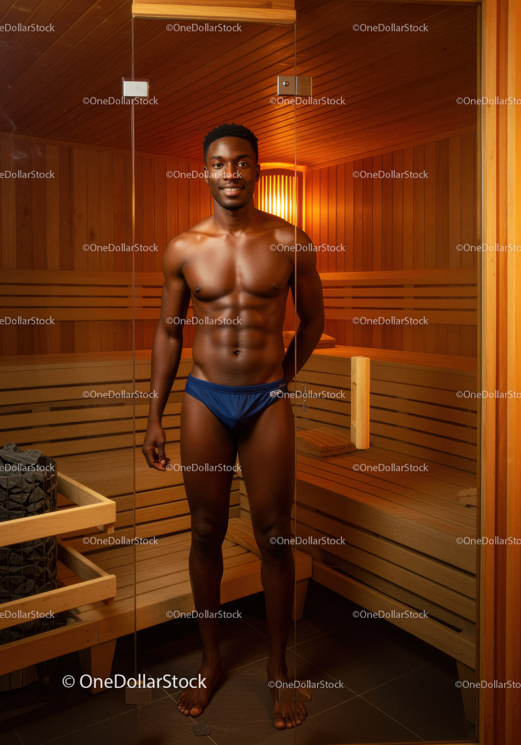 Young Athletic Man Relaxing in Sauna with Wooden Interior