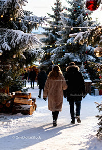 Couple walking through festive snowy Christmas market