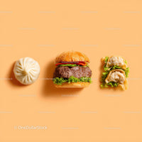 Gourmet Burger with Lettuce and Tomato Next to Grilled Steak and Dumpling