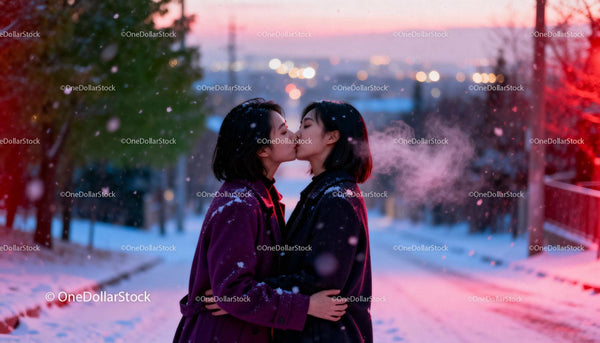 Winter Kiss Between Two Women in Cozy Snowy Evening