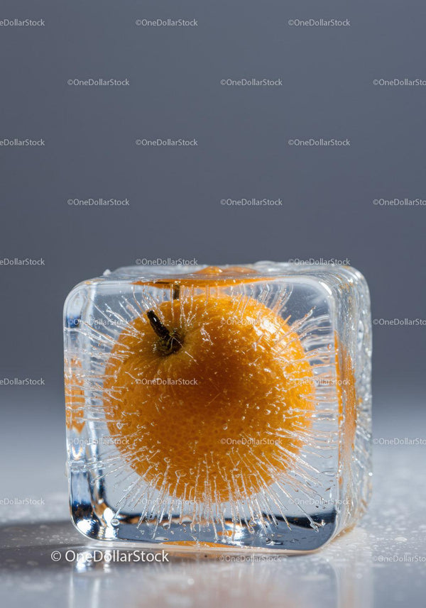 Fresh Orange Frozen Inside Transparent Ice Cube