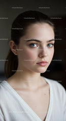 Young Woman with Blue Eyes and Natural Beauty in Indoor Portrait