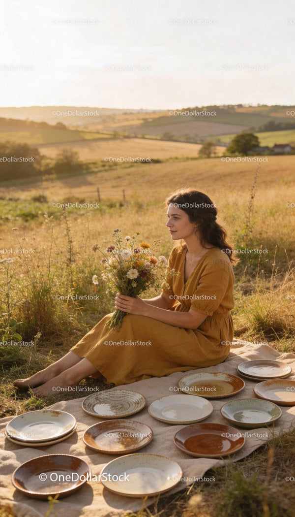 Woman in mustard dress holding wildflower bouquet outdoors