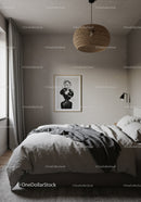 Modern Bedroom with Cozy Bed, Artistic Wall Decor and Soft Lighting