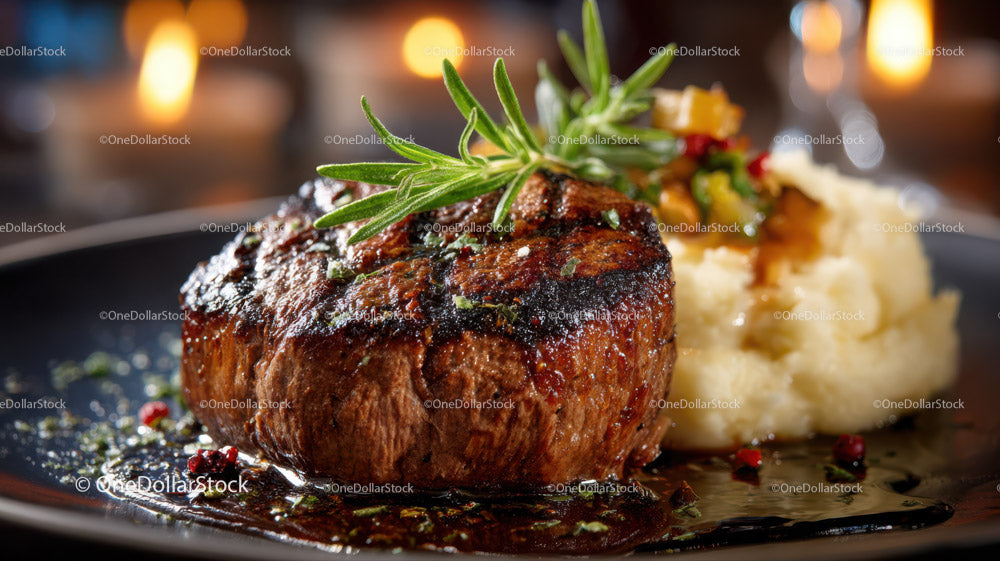 Gourmet Grilled Beef Steak with Mashed Potatoes and Rosemary