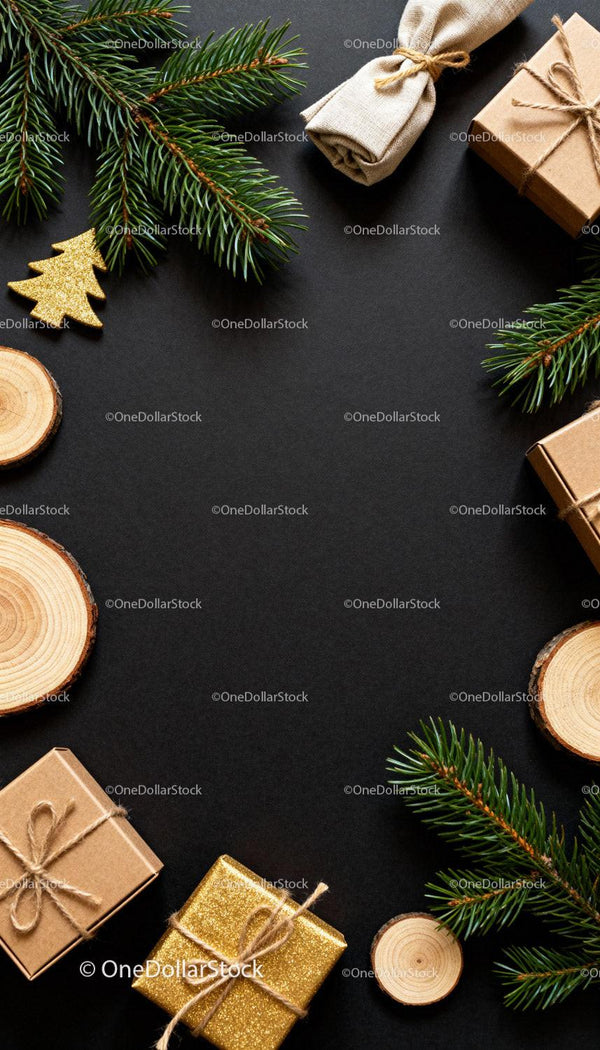 Minimalist Christmas Gift Arrangement with Pine and Wood