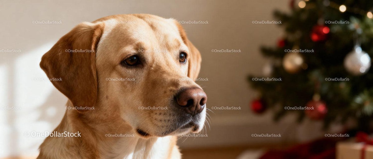 Golden Labrador with Christmas Tree Decorations