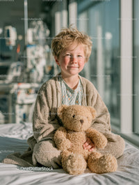 Smiling Child in Hospital with Teddy Bear in Bright Room