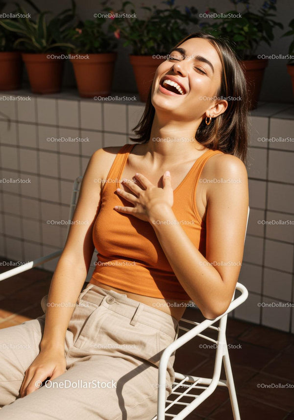 Happy Woman Laughing Outdoors in Casual Summer Outfit