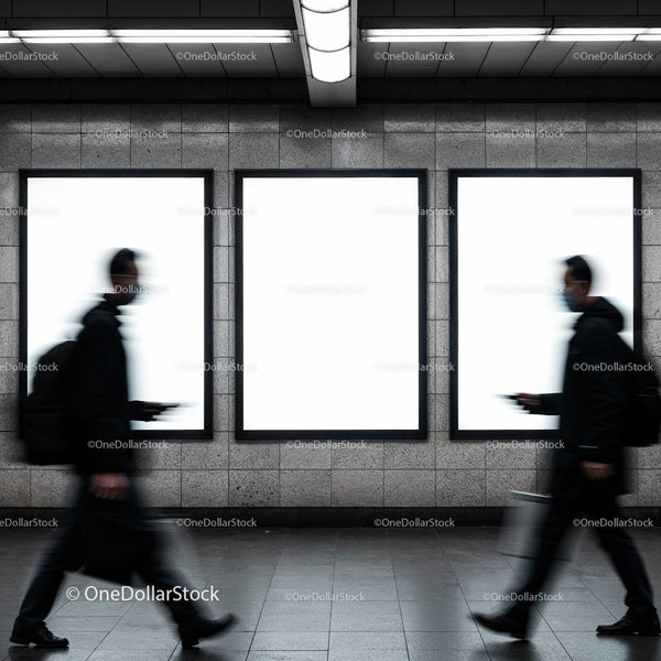 Blurred commuters walking past subway ad panels JPG Mockup Image