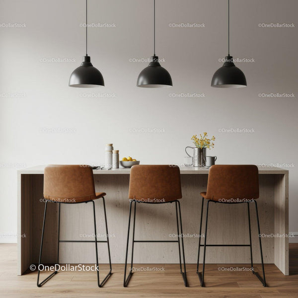 Contemporary Kitchen with Leather Bar Stools and Black Pendant Lights