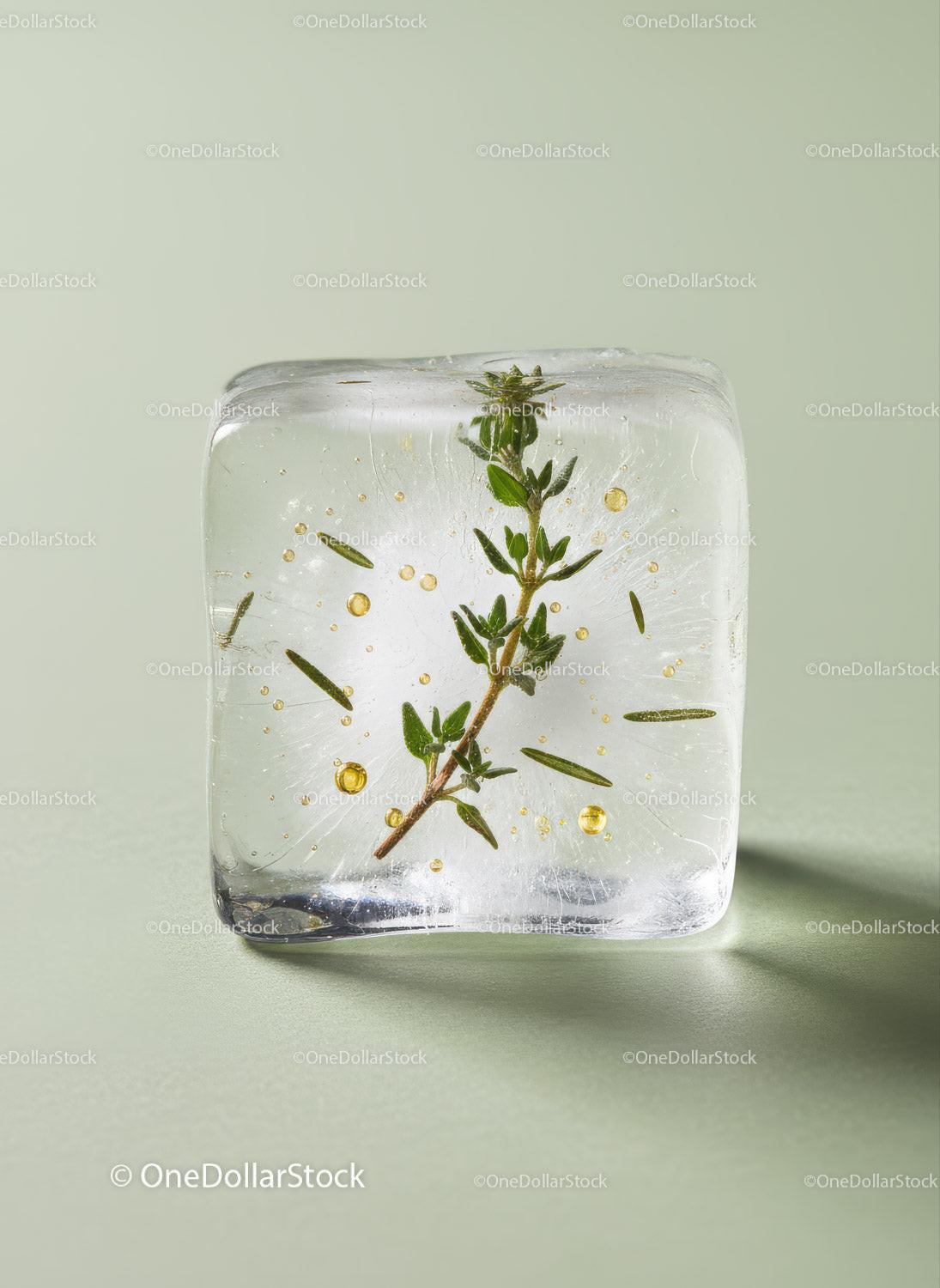 Fresh Herb Preserved in a Clear Ice Cube