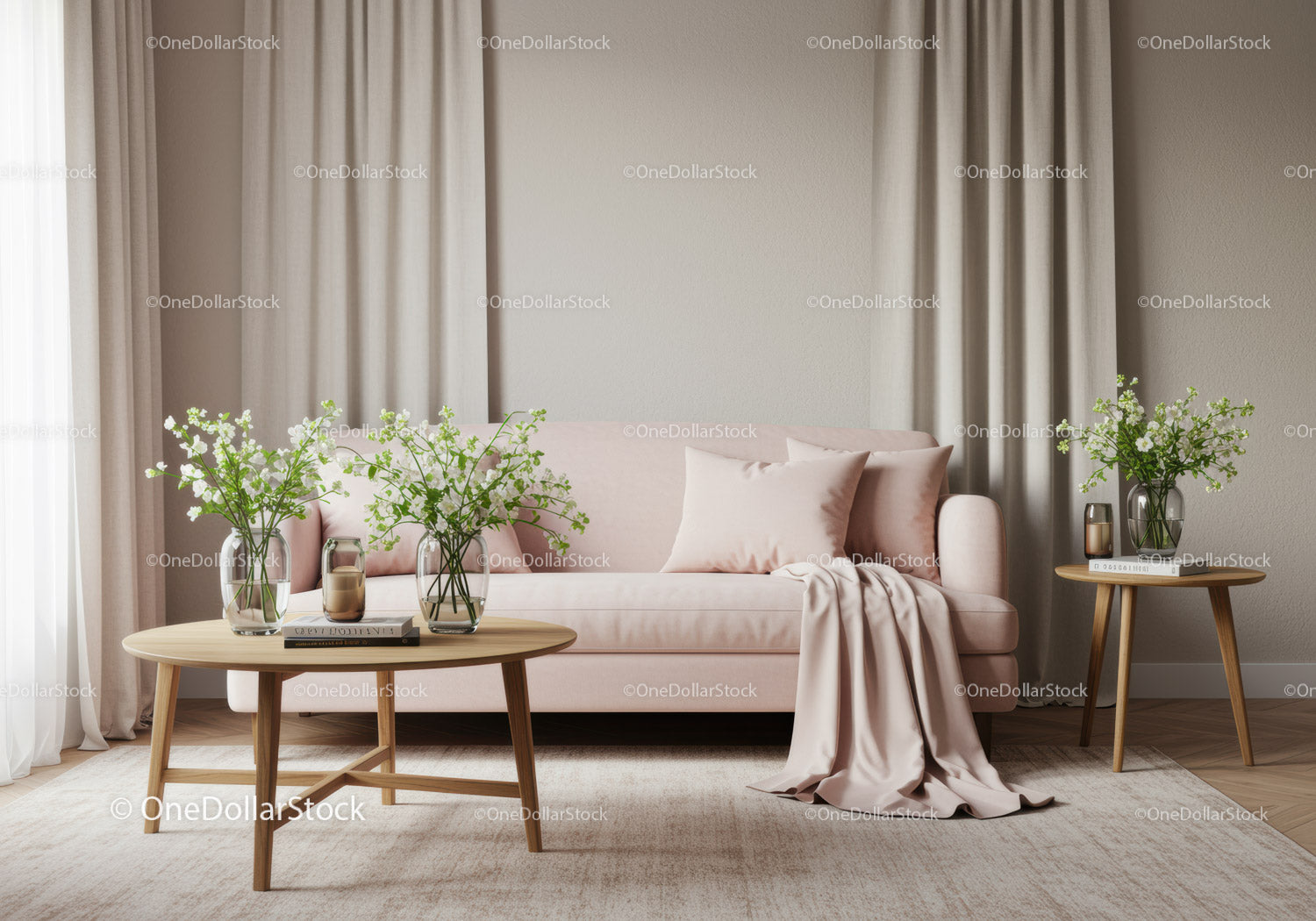 Elegant living room with soft pink sofa and fresh flowers