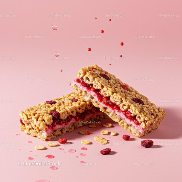 Crispy cereal bars with berry filling on pink background
