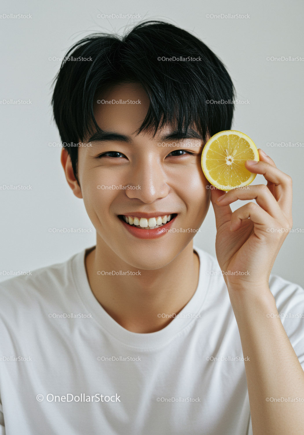 Bright Young Man Smiling with Lemon Slice in Fresh Lifestyle Portrait