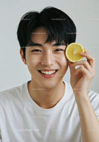 Bright Young Man Smiling with Lemon Slice in Fresh Lifestyle Portrait