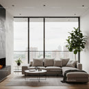 Modern Living Room with Large Windows and City View Featuring a Beige Sofa