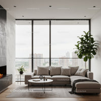 Modern Living Room with Large Windows and City View Featuring a Beige Sofa