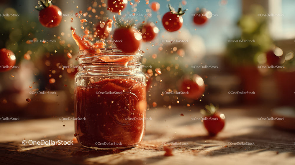 Cherry Jam in Glass Jar with Splash and Fresh Fruit