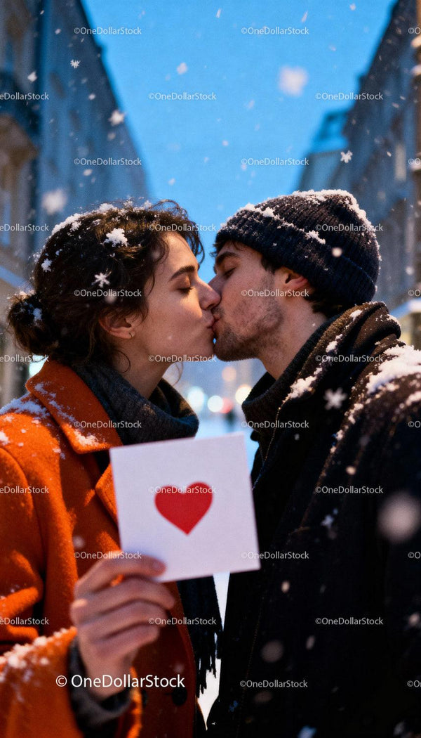 Couple sharing a kiss on snowy winter evening