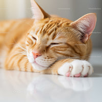 Ginger cat peacefully resting on smooth surface