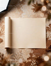 Rolled blank parchment on textured rustic background JPG Mockup Image preview