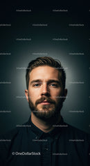 Calm man with beard and mustache in dark shirt