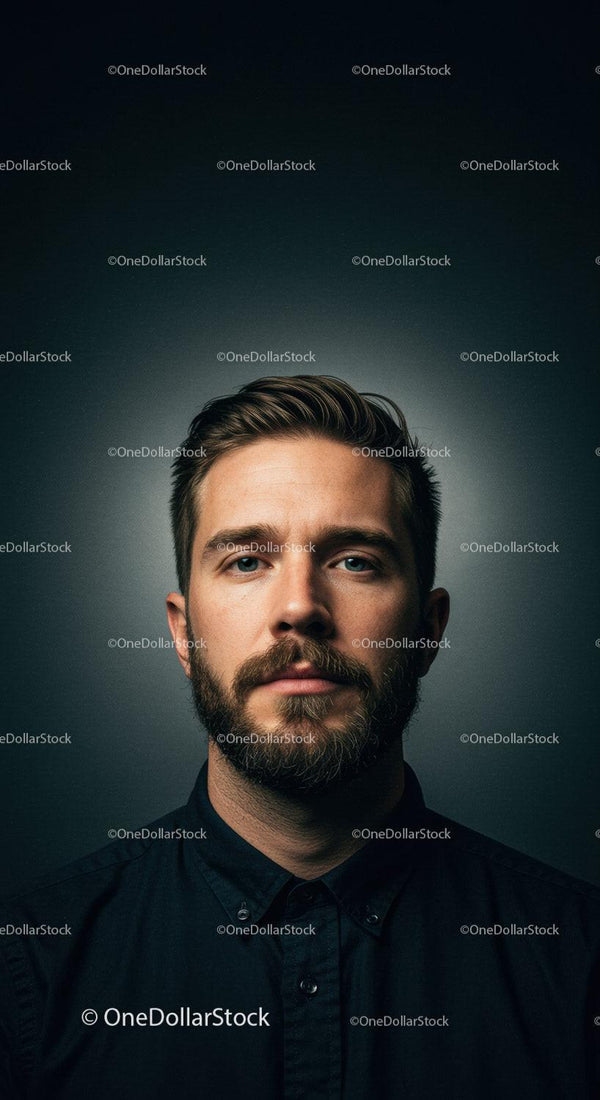 Calm man with beard and mustache in dark shirt