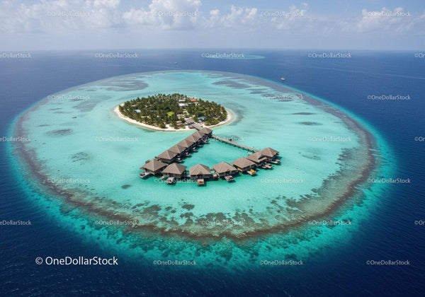 Overwater Bungalows and Tropical Island Paradise in Clear Blue Lagoon