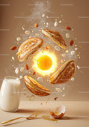 Floating pancakes with egg yolk and nuts in motion