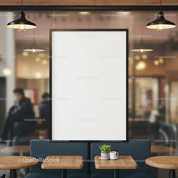 Cozy Cafe Interior with Blank Poster and Table Setup JPG Mockup Image