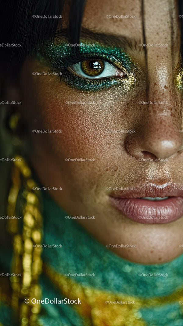 Close-up of a Woman with Green and Blue Glitter Eye Makeup and Gold Jewelry