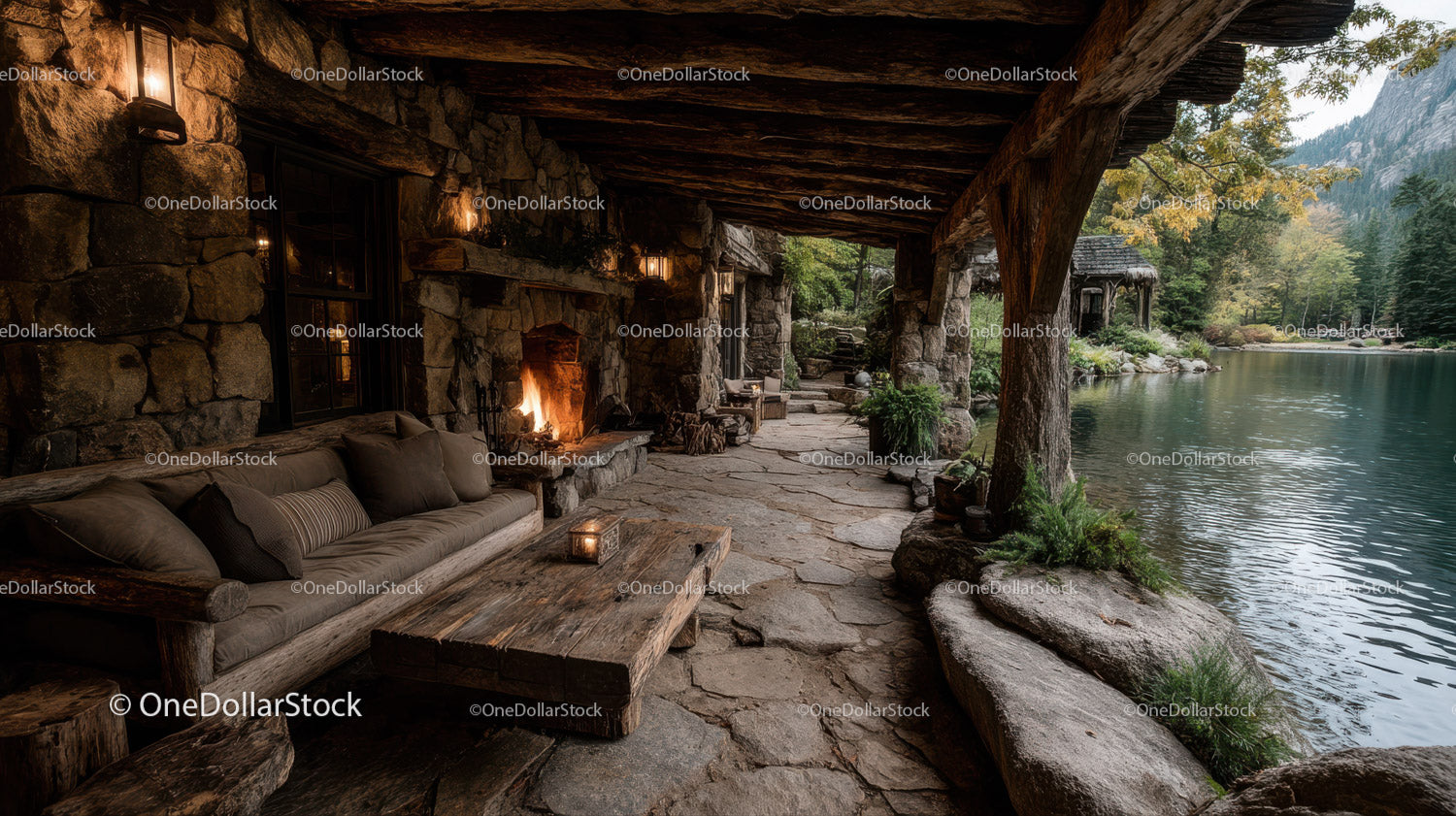Rustic Riverside Cabin with Stone Fireplace Surrounded by Autumn Foliage