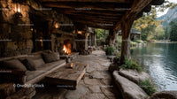 Rustic Riverside Cabin with Stone Fireplace Surrounded by Autumn Foliage