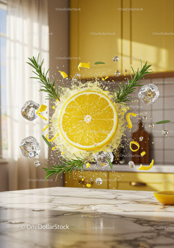 Fresh lemon slice with rosemary and ice cubes splash