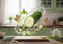 Fresh cucumber and ginger with herbs splashing water