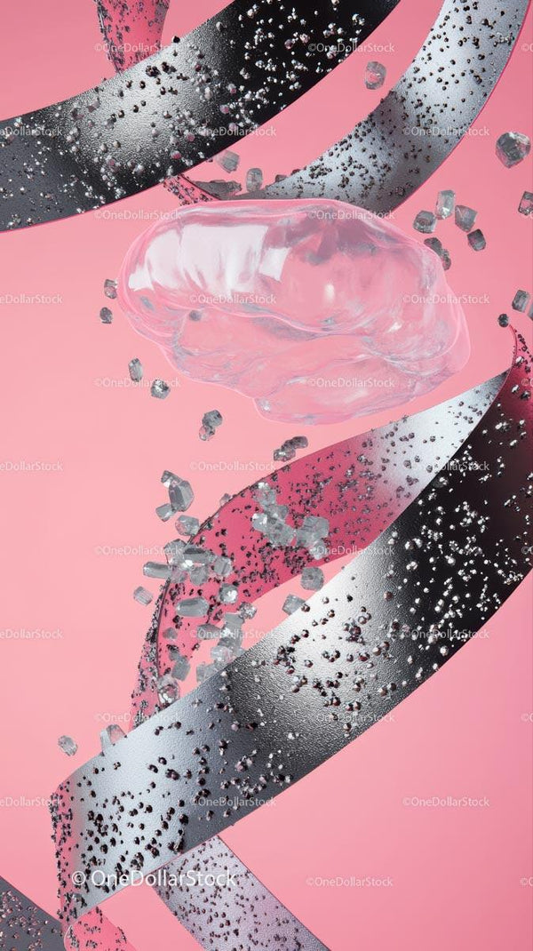 Abstract Glittering Ribbons with Silver and Black Stripes on Pink Background