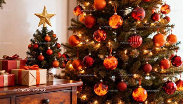 Festive Christmas Trees with Red and Orange Ornaments