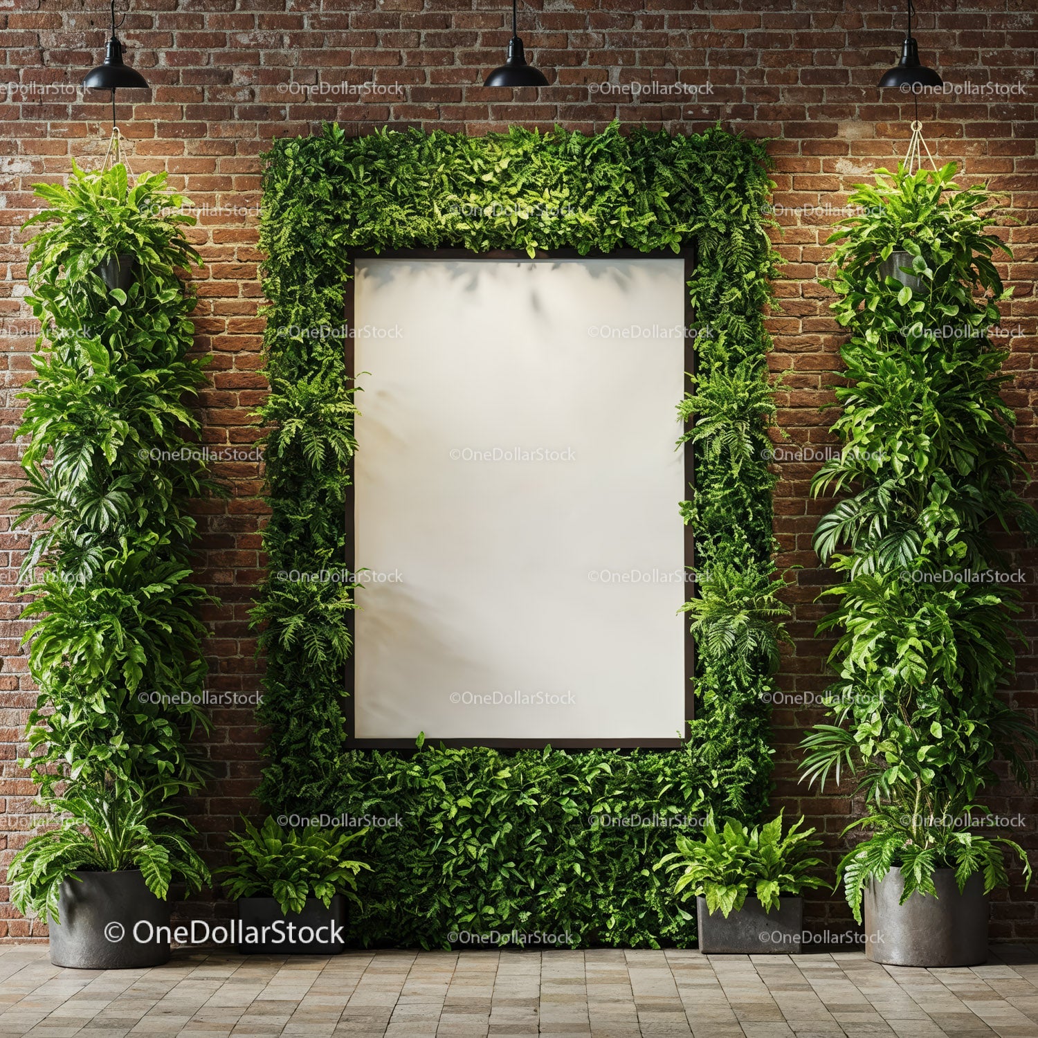 Indoor vertical garden framing blank white poster on brick wall
