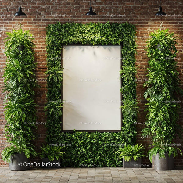 Indoor vertical garden framing blank white poster on brick wall JPG Mockup Image