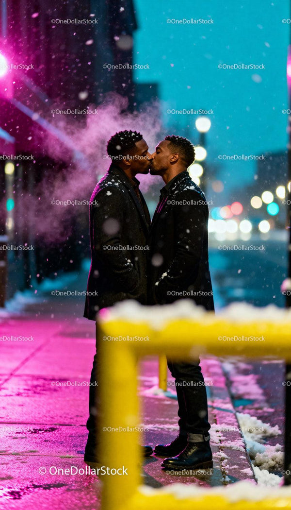 Couple Sharing a Tender Kiss on Snowy City Street