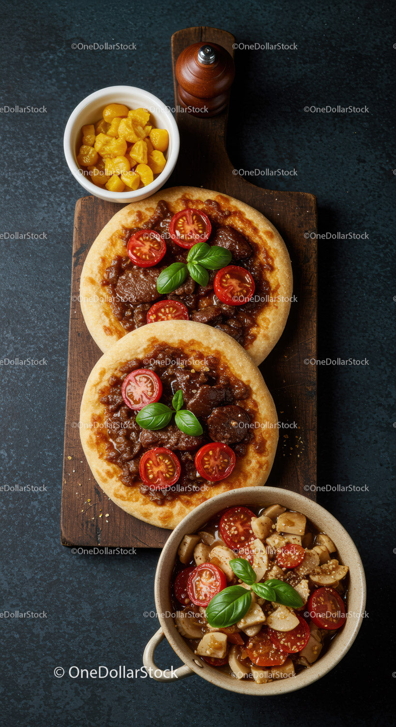 Mini pizze mięsne z sałatką z pieczarek i pomidorów