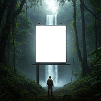 Explorer facing blank billboard near misty waterfall in jungle