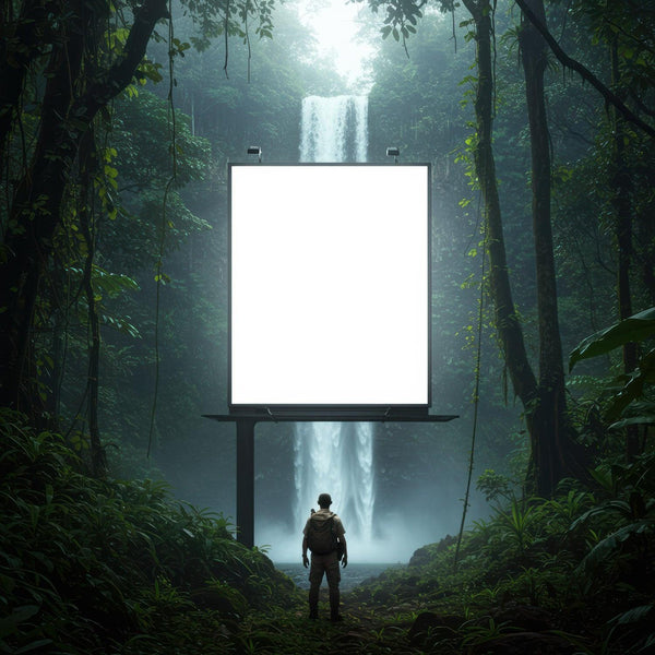 Explorer facing blank billboard near misty waterfall in jungle JPG Mockup Image